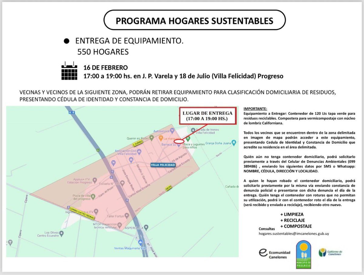 claucelo1's tweet photo. ♻️PRIMER ENTREGA DE CONTENEDORES DOMICILIARIOS 2024♻️
•Villa Felicidad
•Villa Del Progreso
🕣VIERNES 16/2 ⏰De 17:00 a 19:00 📍Lugar espacio verde de Villa Felicidad (M.Jacinto Vera al fondo)
#MunicipioProgreso https://t.co/vikWAJJ1NF
