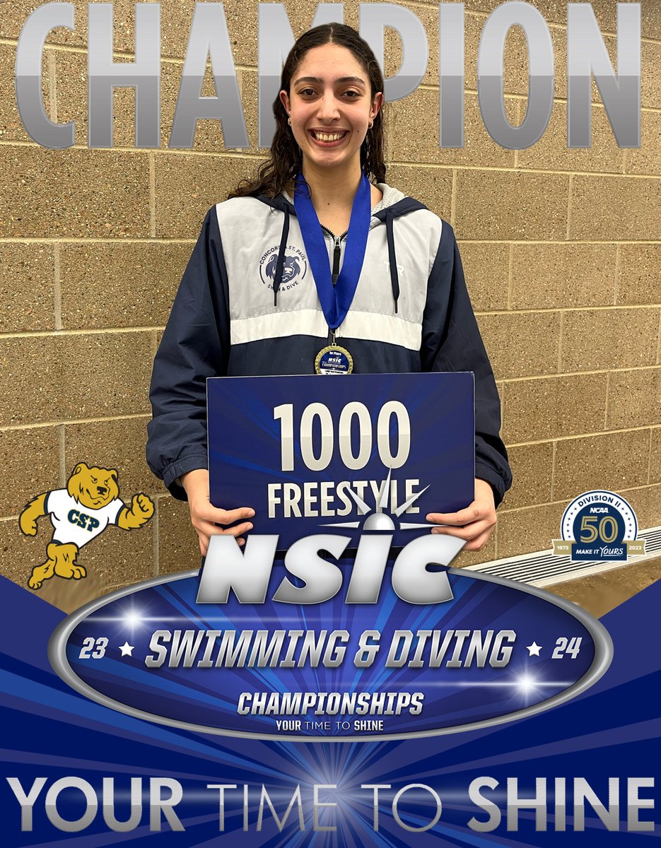 #NSICSD Champion in the 1000 Yard Freestyle

Farida Maher of Concordia-St. Paul - 10:18.64

#YourTimeToShine 

NorthernSun.org/NSICSD
