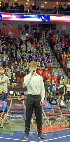 CONGRATULATIONS to Jonah Carney, Applington-Parkersburg vocalist, on a wonderful performance of the National Anthem to open Session 3 of the State Wrestling Tournament!!