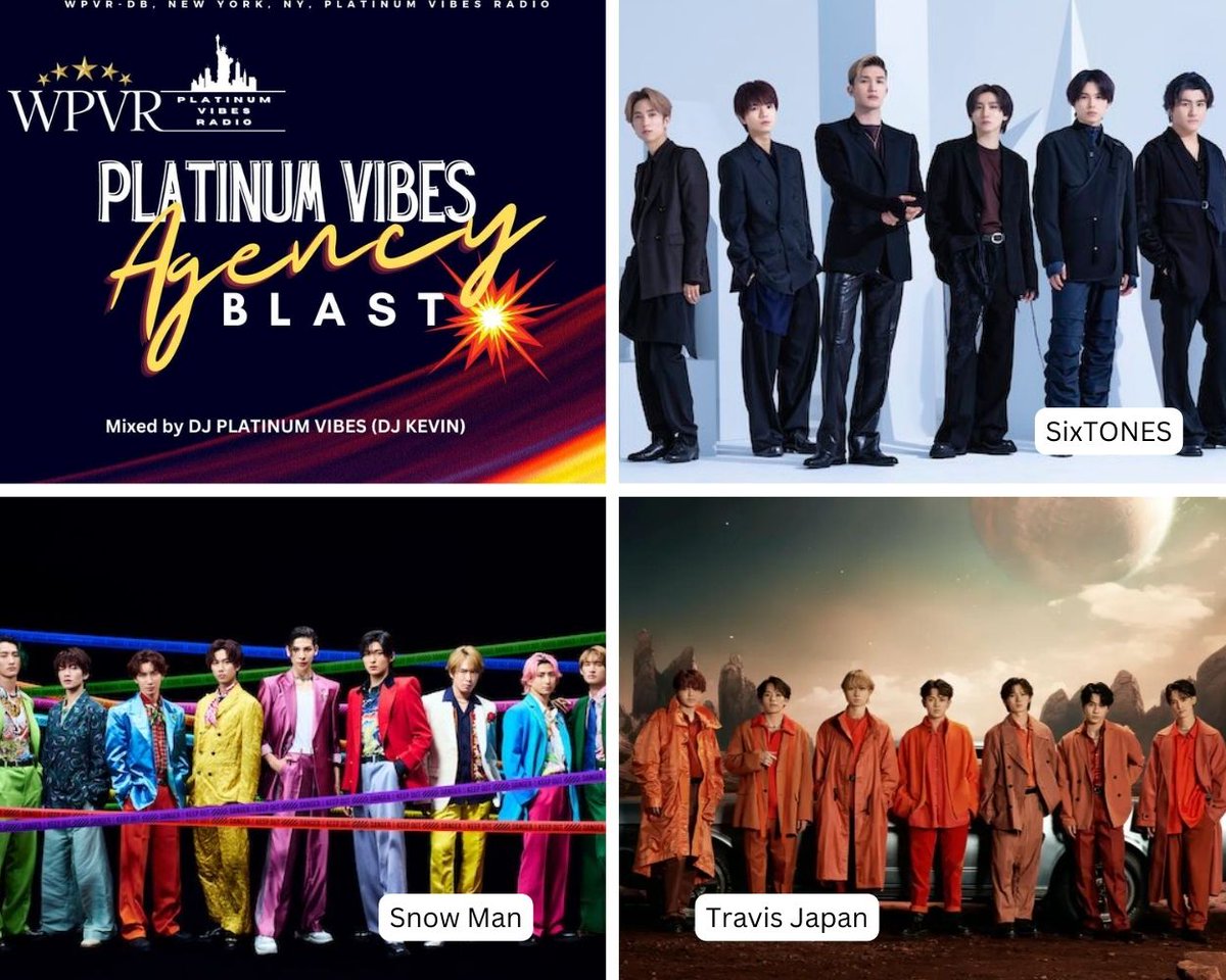 🎶📻Greetings! WPVR NY Platinum Vibes Radio presents a 💥PLATINUM VIBES AGENCY BLAST 💥 featuring TWO HOURS straight of music of artists from STARTO (Debuts 2020 and after):

SixTONES
SNOW MAN
TRAVIS JAPAN

Thursday, Feb. 15, 7:00-9:00 (21:00-23:00 JST 🇯🇵)

📻Tune in free at