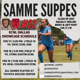 Samme Suppes (@samsups22) on Twitter photo ECNL Dallas Texas showcase coming up in a few days! Can’t wait! <a href="/ECNLgirls/">ECNL Girls</a> <a href="/AFU_2008_ECNL/">Atlanta Fire United 08G ECNL</a> <a href="/atlantaunitedsa/">Atlanta Fire United</a> <a href="/ImYouthSoccer/">ECNL/GA/Recruiting/College Soccer</a> <a href="/PrepSoccer/">Prep Soccer ⚽️</a> <a href="/TheSoccerWire/">SoccerWire</a> ECNL Dallas Texas showcase coming up in a few days! Can’t wait! <a href="/ECNLgirls/">ECNL Girls</a> <a href="/AFU_2008_ECNL/">Atlanta Fire United 08G ECNL</a> <a href="/atlantaunitedsa/">Atlanta Fire United</a> <a href="/ImYouthSoccer/">ECNL/GA/Recruiting/College Soccer</a> <a href="/PrepSoccer/">Prep Soccer ⚽️</a> <a href="/TheSoccerWire/">SoccerWire</a>