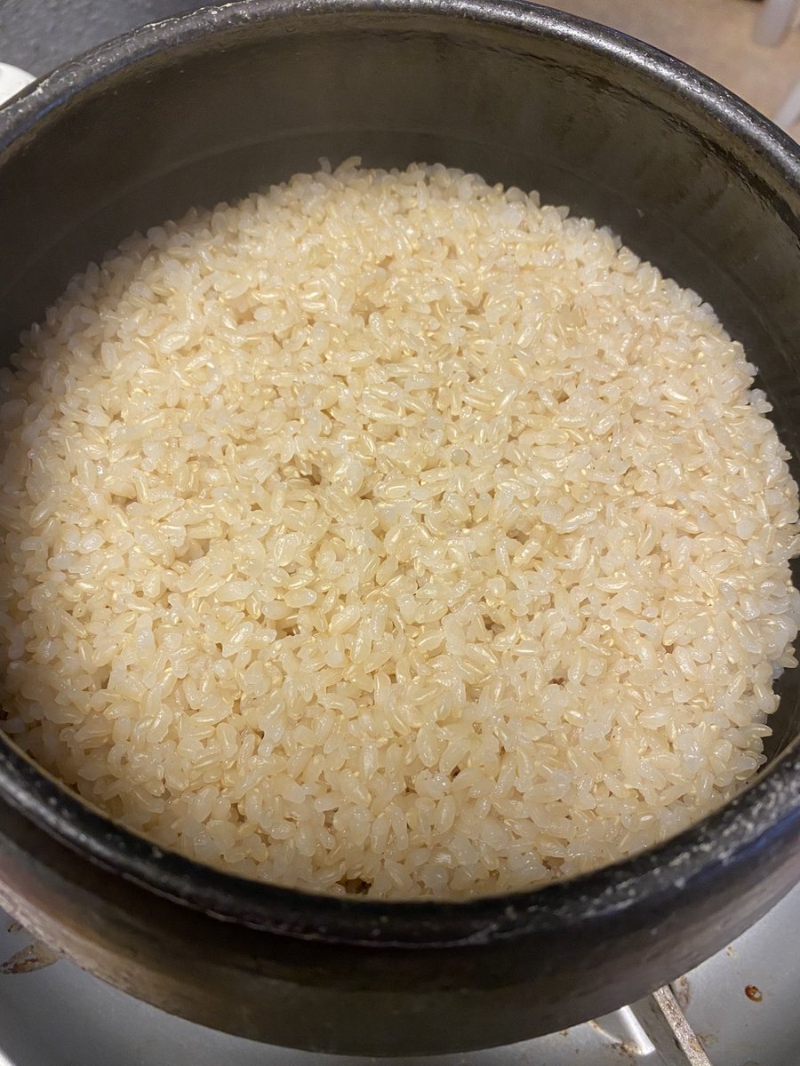 ご飯炊けたよ🍚　
今朝は玄米と梅干しと糠漬けと味噌汁でいただきます😋
#萬古焼
@junchannouen