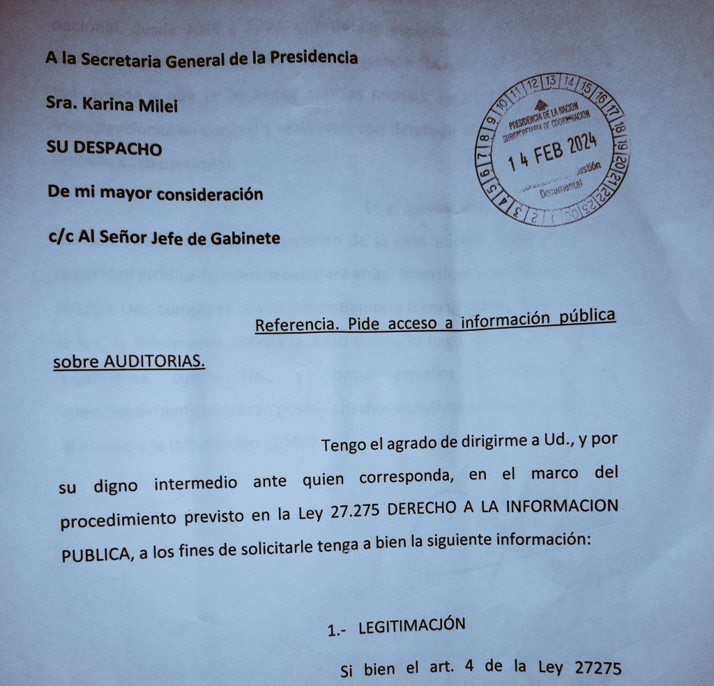 AlvarodLamadrid's tweet photo. PEDIDO DE ACCESO A INFORMACIÓN PÚBLICA DE AUDITORÍAS EN PRESIDENCIA.
1) Actos administrativos, secretos, resoluciones disposiciones que ordenan las auditorías e inventarios de todas las dependencias del Estado y entes descentralizados, empresas del Estado y organismos autarquicos https://t.co/lNaTJBXVtH
