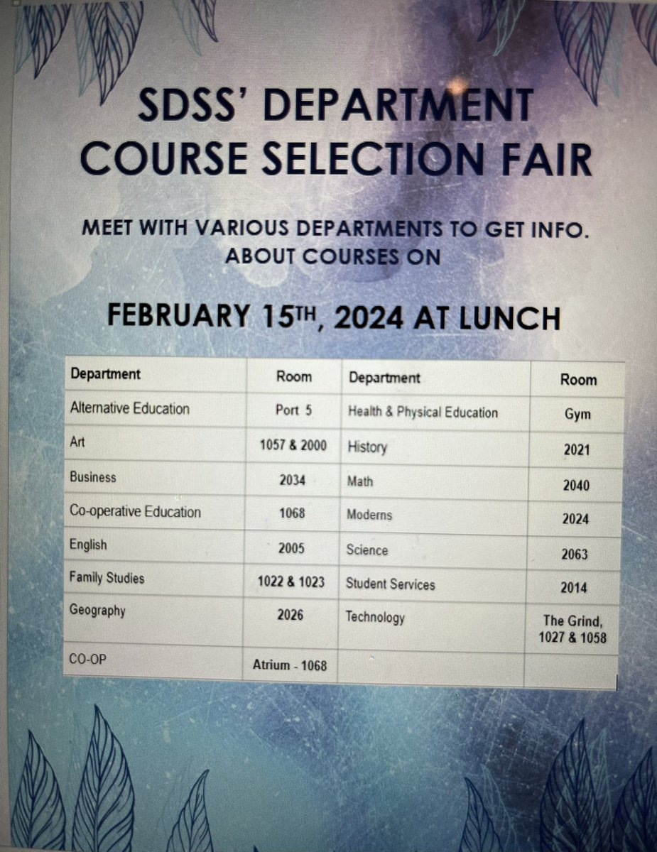 Don’t forget about the course fair tomorrow at lunch! Go to the different classrooms to get all of your questions answered.