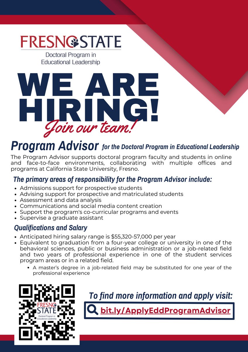 We are hiring! Join our team! Find more information at bit.ly/ApplyEddProgra…

#EdDFresnoState #DoctoralStudent #DoctorofEducation #EdLeadership