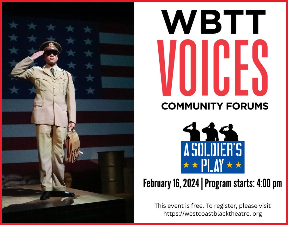We are excited to host a Community Voices program - on Friday at 4pm - featuring our 'A Soldier's Play' cast and hosted by our Education and Outreach Director, Jim Weaver. Free but reservations are required: bit.ly/3wfbw3o