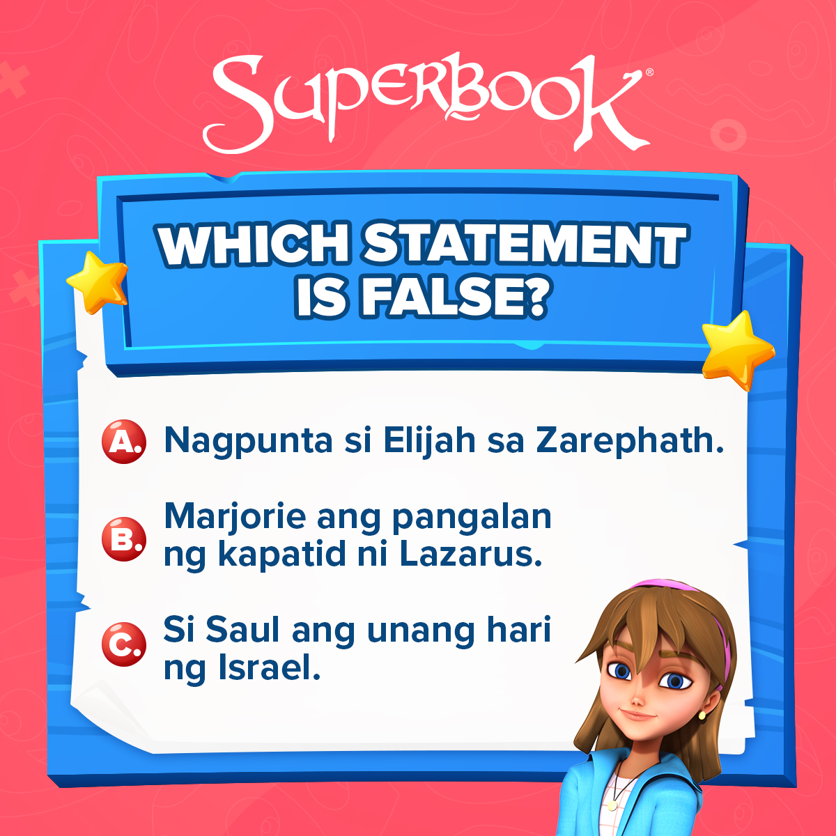 BatangSuperbook's tweet image. One of these statements is false. 🙅🏻‍♂️ Can you guess which one it is? 🤔 #WhichStatementIsFalse

More interesting Bible games ang naghihintay sa inyo sa Superbook website! Check them out now: hhttps://bit.ly/3pBHwey 💖