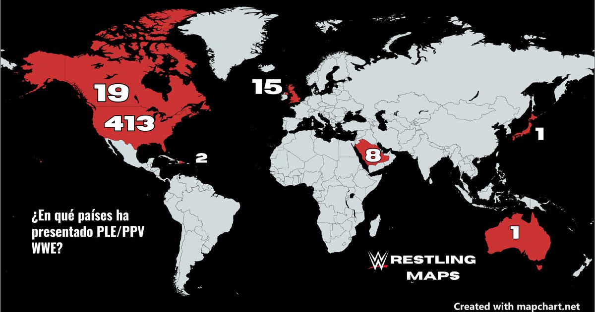 ¿En qué países ha presentado <a href="/WWE/">WWE</a> un PLE/PPV?
Fuente: <a href="/TIMWrestling/">EL TIM</a> y Wikipedia
Próximamente habrá un PLE en Australia y en Alemania, pero como no se han presentado aún no los incorporé en el mapa