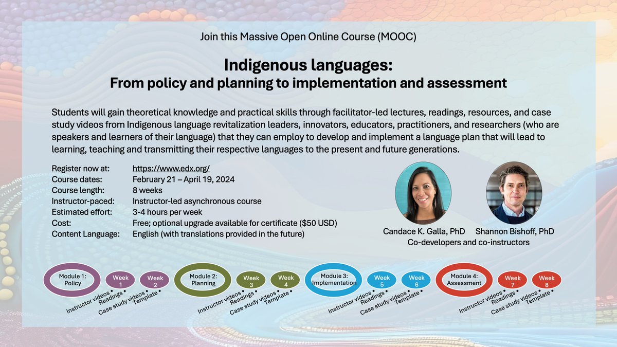 Join our Massive Open Online Course (MOOC) - Indigenous languages: From policy and planning to implementation and assessment. Course begins on February 21, 2024 (International Mother Language Day).  Register at edx.org/learn/language… #IDIL #IndigenousLanguages