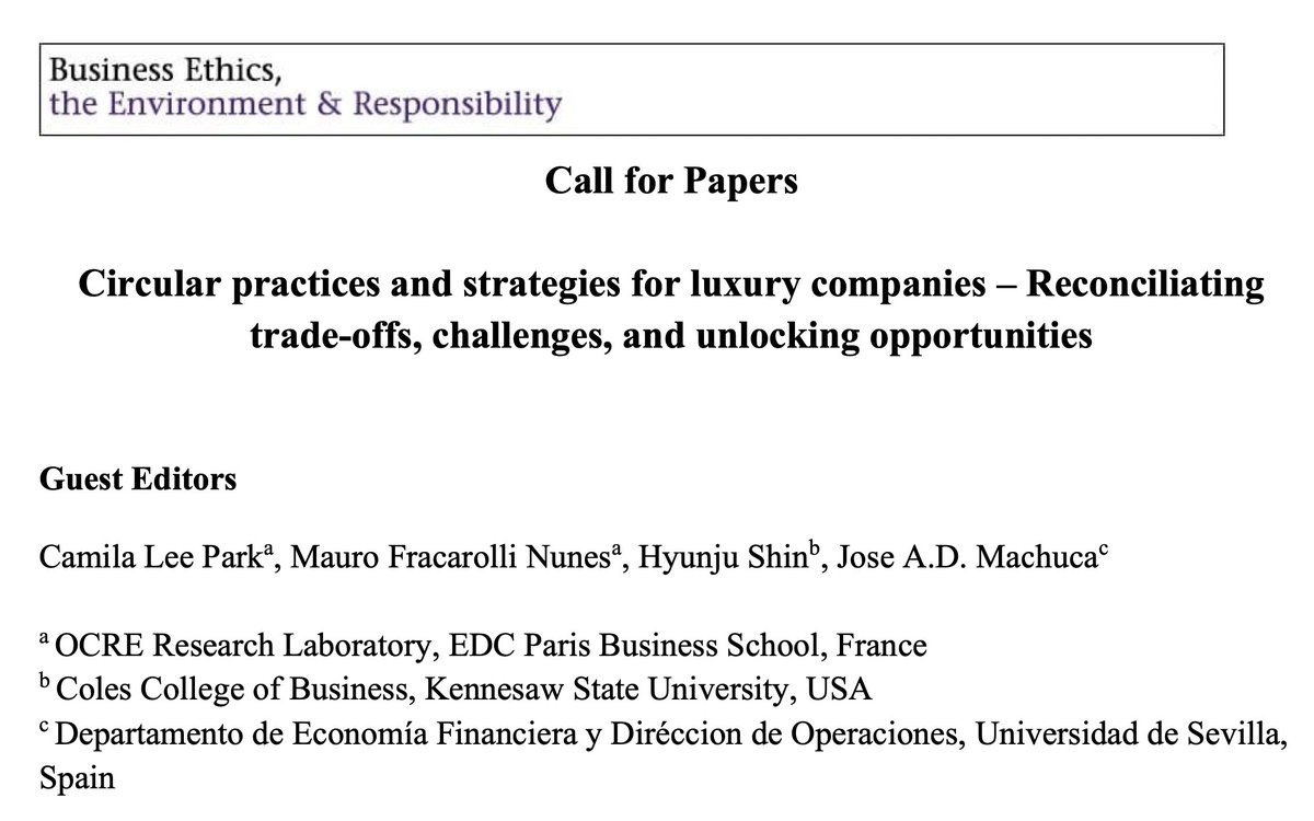 Business Ethics, the Environment & Responsibility (@beer_wiley) on Twitter photo 📣Call for papers📣
Circular practices and strategies for luxury companies - Reconcilliating trade-offs, challenges, and unlocking opportunities
Submissions by 1 November 2024
→ onlinelibrary.wiley.com/pb-assets/2694…
#CircularEconomy #LuxuryGoods #LuxuryCompanies #Recycling #CircularModels 📣Call for papers📣
Circular practices and strategies for luxury companies - Reconcilliating trade-offs, challenges, and unlocking opportunities
Submissions by 1 November 2024
→ onlinelibrary.wiley.com/pb-assets/2694…
#CircularEconomy #LuxuryGoods #LuxuryCompanies #Recycling #CircularModels