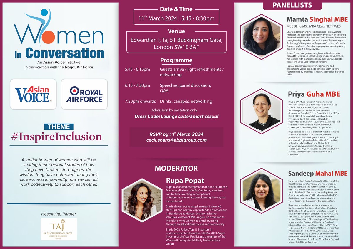 Asian Voice in association with the @RoyalAirForce is organising its annual panel discussion viz. #womeninconversation on 11 March to celebrate #internationalwomensday. This year’s theme is #inspireinclusion. The event will be hosted on behalf of @asianvoicenews by @rupanjana.