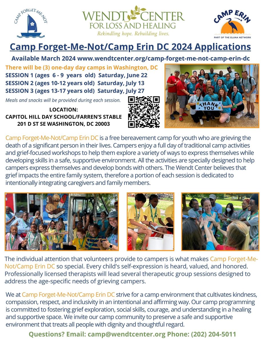 wendtcenter's tweet photo. Gearing up for the 2024 grief camp season of Camp Forget-Me-Not/Camp Erin DC. Camper and volunteer applications will be available soon. #volunteering #ChildrensGrief #GriefCamp #CampErin @elunanetwork https://t.co/O2ME8evOg4 https://t.co/4TYePFZoT0