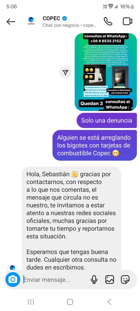 sschmidtj's tweet photo. @santiago2023 Pero a @copec_cl realmente le interesaba investigarlo?? Durante el periodo se vendían tarjetas de combustible por redes sociales y al momento de denunciar ignoraban. Que lo vea @MayneNicholls https://t.co/Pir4et4Phw