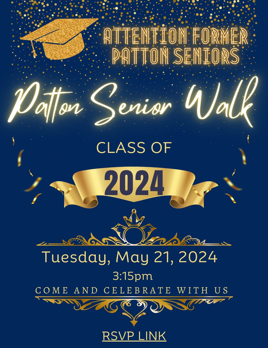 It's official!! Our 8th Annual #PattonSeniorWalk will take place on Tuesday, May 21st!🎓Please help us spread the word to our former @AHSD25Patton seniors!!💙 @MrMorkert @HerseyHuskies