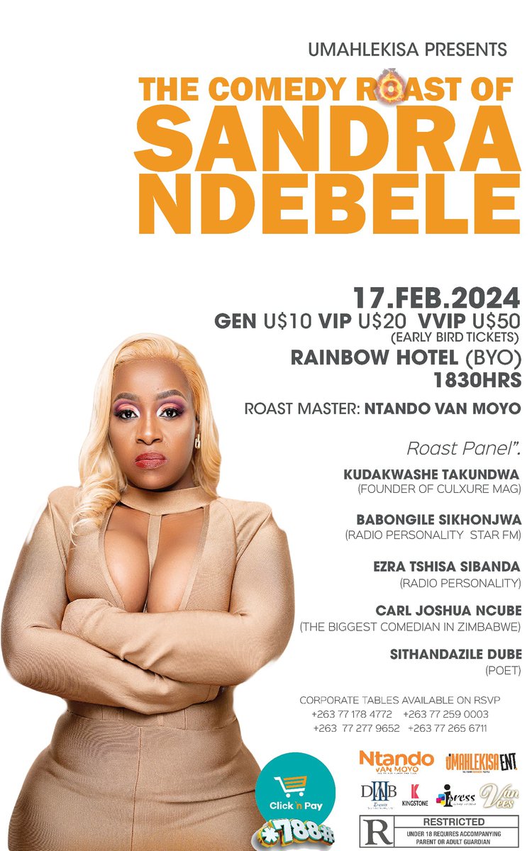 #ADecadeofCulxureMag (@culxuremag) on Twitter photo This Saturday, Umahlekisa Entertainment will host the roast of <a href="/SandraNdebele/">Sandra Ndebele</a> at the Rainbow Hotel in Bulawayo.
Sandy is set to be melted in high temperature, all in the name of comedy.
Don’t miss out on the 😂😆😝
#CulxureMag
#TheRoastofSandraNdebele
<a href="/Realbeefactor/">BrightoNcube</a> This Saturday, Umahlekisa Entertainment will host the roast of <a href="/SandraNdebele/">Sandra Ndebele</a> at the Rainbow Hotel in Bulawayo.
Sandy is set to be melted in high temperature, all in the name of comedy.
Don’t miss out on the 😂😆😝
#CulxureMag
#TheRoastofSandraNdebele
<a href="/Realbeefactor/">BrightoNcube</a>