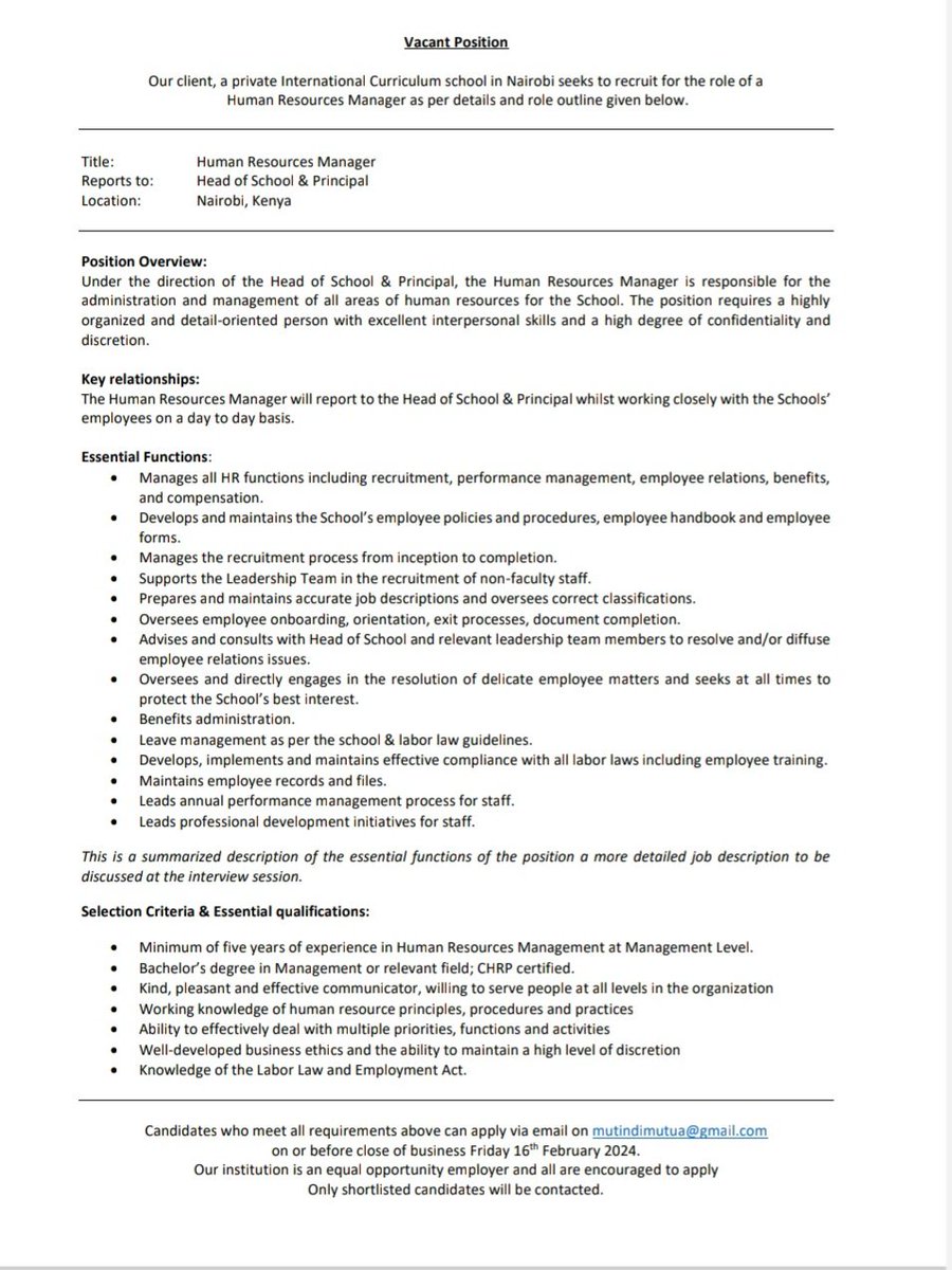 HRM role vacant.  Suitable candidates from other sectors outside of education can apply.  #KunaKaziKE