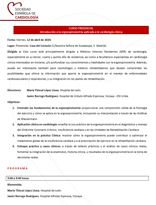 JovenesSec's tweet image. 🚨Nuevo curso presencial🚨
✅Introducción a la ergoespirometría aplicada a la cardiología clínica
📅12 de abril
📍Casa del Corazón-Madrid

✅Fundamentos en ergoespirometría
✅Cómo lo integro en la práctica clínica
✅Taller práctico con caso en vivo

📝⬇️
🔗secardiologia.es/agenda/2911-in…