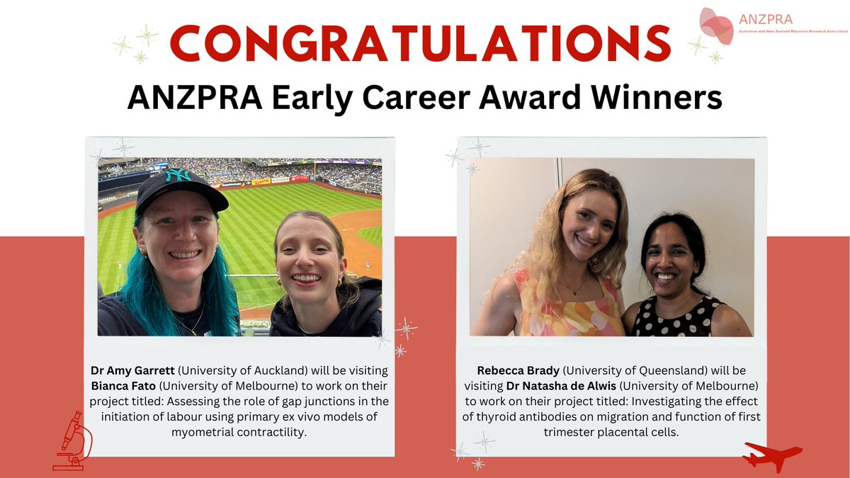 Congratulations to the recipients of the 2023 ANZPRA Early Career Researcher Awards: @DrAmyGarrett with host @biancafato, and Rebecca Brady with host @AlwisNatasha!! #teamplacenta