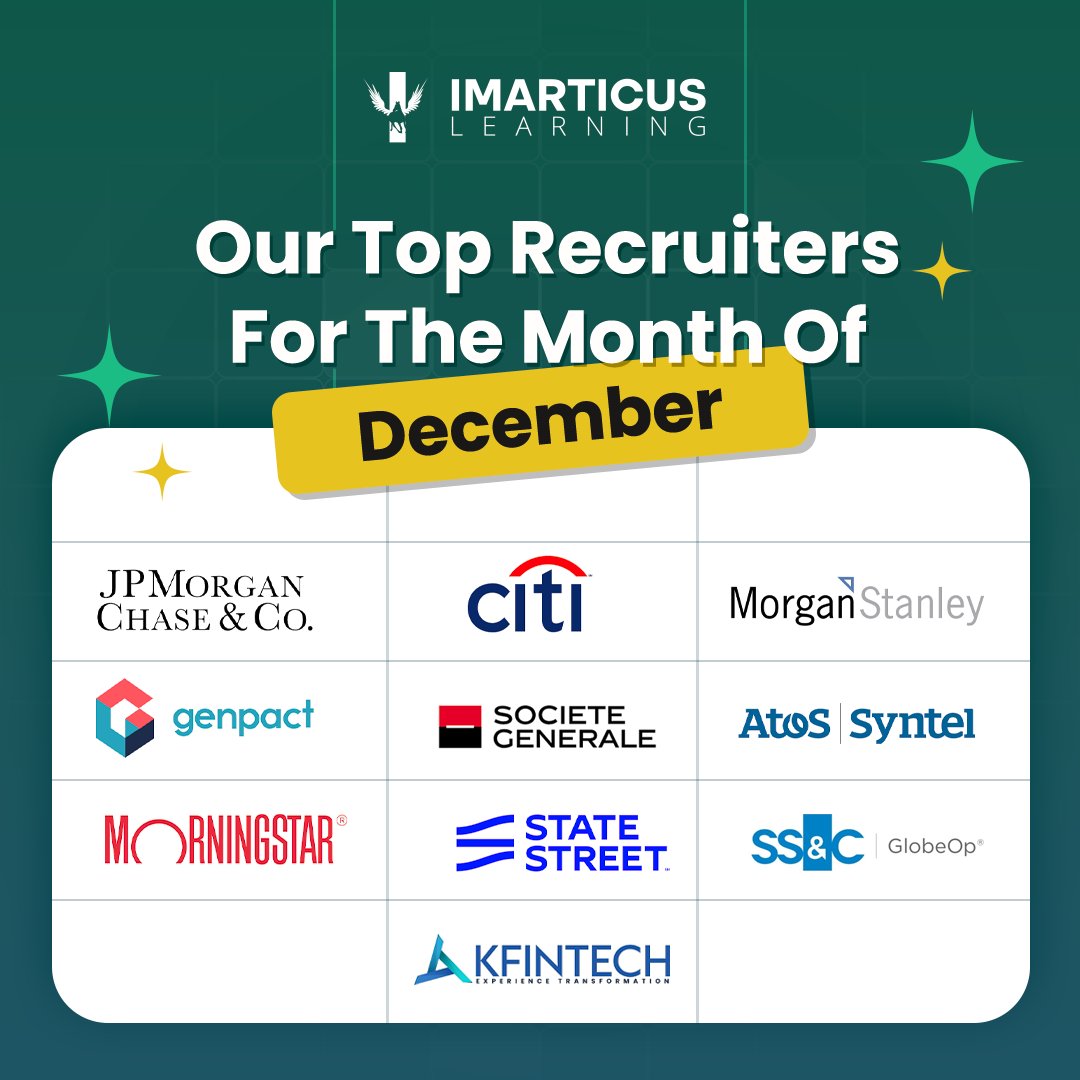 We at Imarticus Learning believe in providing the best opportunities to our students. This is why, we ensure that our alumni receive quality placements in reputed organisations. These are the top 10 companies that have recruited with us, across our programmes.