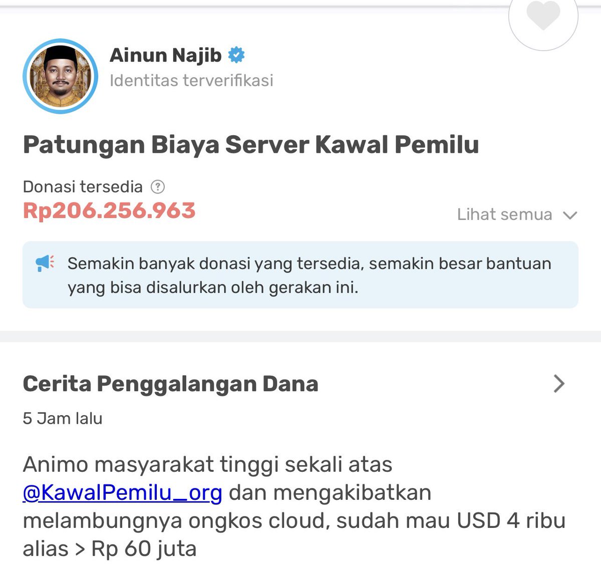 KawalPemilu (@kawalpemilu_org) on Twitter photo 5 jam yang lalu kami dan <a href="/kitabisacom/">Kitabisa - Aplikasi Warga Bantu Warga</a> membuka penggalangan dana untuk platform cost kami, donasi terkumpul sudah lebih dari 200 juta 😭
Begitu cepat, kami semua terharu. Terima kasih orang2 baik yang telah percaya dan menyisihkan uangnya demi gerakan ini. Kami tentu akan 5 jam yang lalu kami dan <a href="/kitabisacom/">Kitabisa - Aplikasi Warga Bantu Warga</a> membuka penggalangan dana untuk platform cost kami, donasi terkumpul sudah lebih dari 200 juta 😭
Begitu cepat, kami semua terharu. Terima kasih orang2 baik yang telah percaya dan menyisihkan uangnya demi gerakan ini. Kami tentu akan