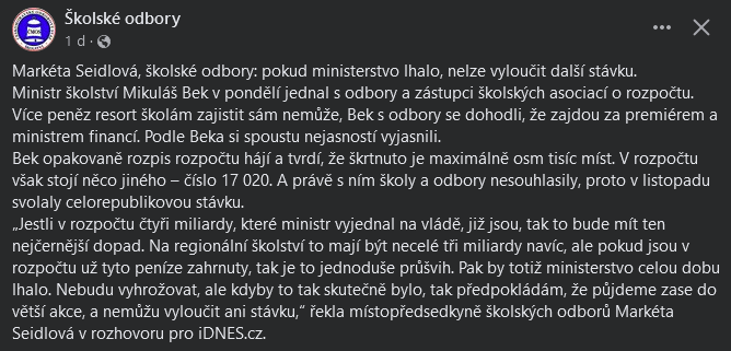 Ministr @MikulasBek jednal s @skolskeodbory a školami o rozpočtu. Pro peníze půjdou za premiérem @P_Fiala a @Zbynek_Stanjura. Pokud se ukáže, že @msmtcr při jednáních o rozpočtu pro mateřské, základní a střední školy lhalo, nevylučují odbory stávku.