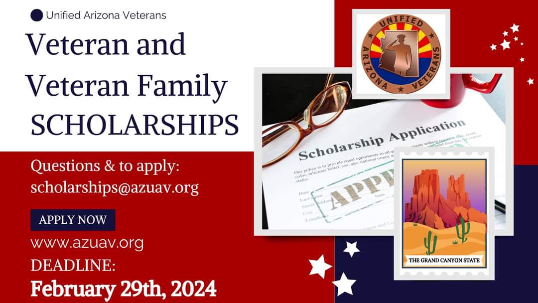 marcielynnaz's tweet photo. The Veteran & Veteran Family Scholarship deadline has been extended!
The new deadline is February 29th!
The Unified Arizona Veterans gives out scholarships annually, up to $5,000 each! You still have time, please apply!
#Vetslink
https://t.co/5qoXTkvnjt https://t.co/sjLnYpfZUc