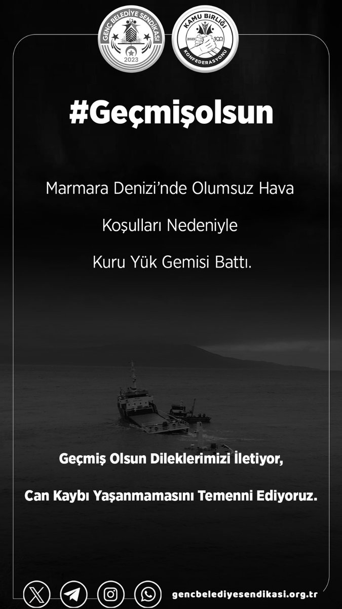 #geçmişolsun Marmara Denizi'nde Olumsuz Hava Koşulları Nedeniyle Kuru Yük Gemisi Battı. Geçmiş Olsun Dileklerimizi İletiyor, Can Kaybının Yaşanmamasını Temenni Ediyoruz. #marmara