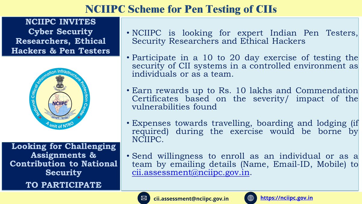 NCIIPC's tweet photo. #NCIIPC invites expert pen testers, security researchers and ethical hackers to participate in securing nation's CIIs and win handsome prizes. More information at https://t.co/BieNNAHUv4 https://t.co/gYQOvpXG8b