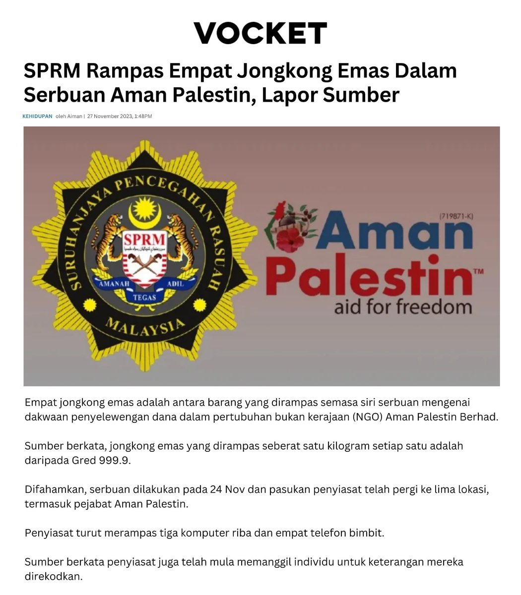 WhyBeLiberal's tweet photo. Aman Palestin @ Aman Syarikat?

November lepas, SPRM dah rampas 4 jongkong emas 999.9 di lima lokasi termasuk di pejabat Aman Palestin.

41 akaun yang terkait dengan Aman Palestin telah dibekukan SPRM dengan jumlah RM15,868,762! https://t.co/MGQ5rxMp7B