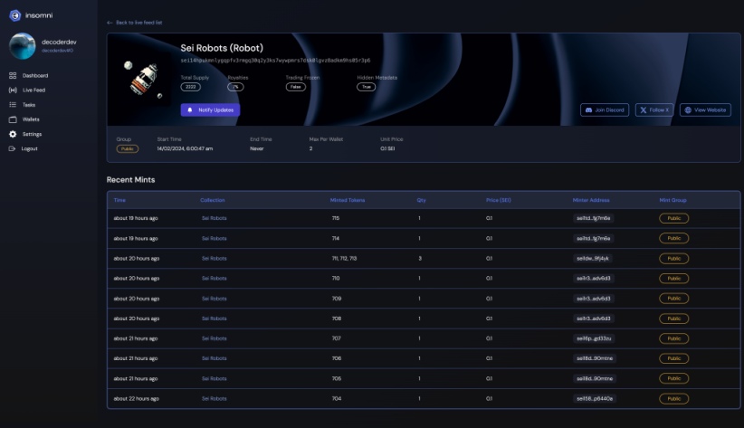 Insomnixyz's tweet photo. Introducing: Insomni's Live Feed.

▪️ View all on-going mints within $SEI.
▪️ Overcast of information such as price, amount minted, phase, and more.
▪️ Expand the collection for an in-depth overview.
▪️ Filterable data.

Accessible both via Mobile/Desktop.
https://t.co/wfzEoz6Tfn https://t.co/uuB8XpS0th