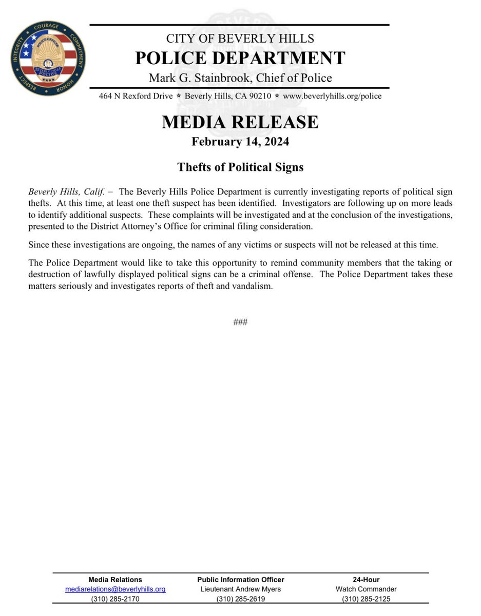 #MediaRelease: Thefts of Political Signs

For all BHPD media releases, head to BeverlyHills.org/PDMediaReleases.