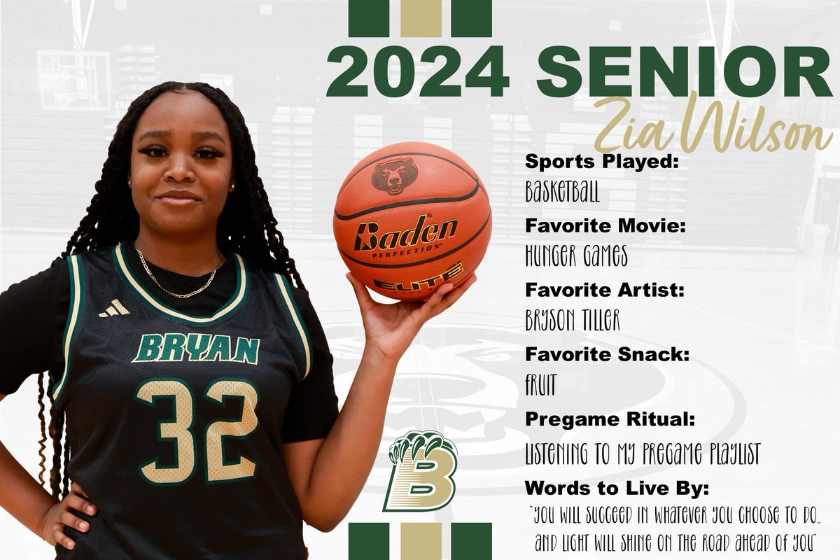 BryanGirlsBB's tweet photo. Meet the seniors continues with #32 Zia Wilson! Z is in her second year with the Lady Bears and plans to study business or cosmetology in college. https://t.co/R7eRddjhAs