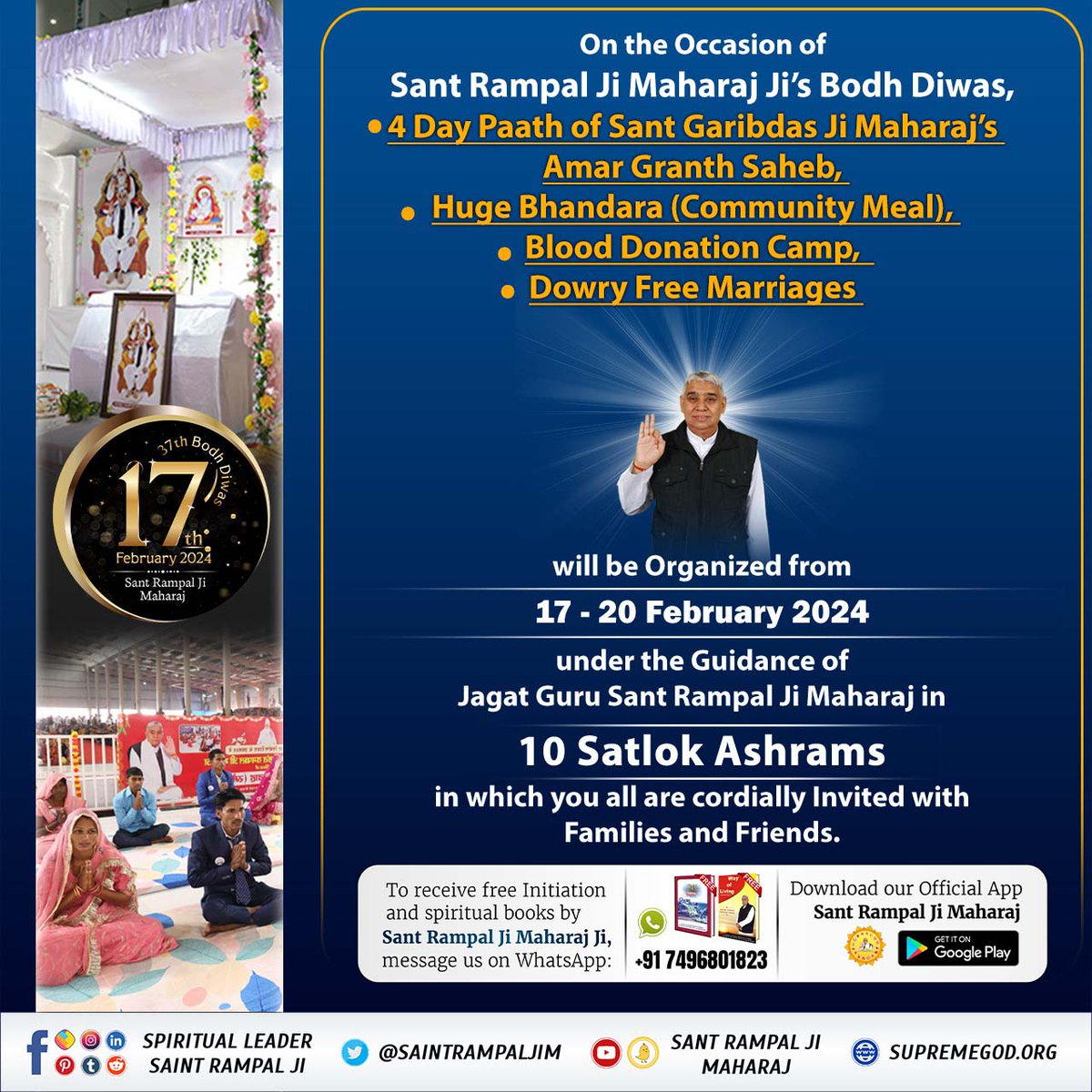 Mohan13520563's tweet photo. #Bhandara_Invitation_To_World
 On the occasion of the Realisation day of Saint Rampal Ji, the great man who brought Satyayug in Kalyug, a huge Bhandara is being organized in 10 Satlok Ashrams on 17-20th February in which the whole world is invited.
 2Days Left For Bodh Diwas https://t.co/W8FP1jAkTR