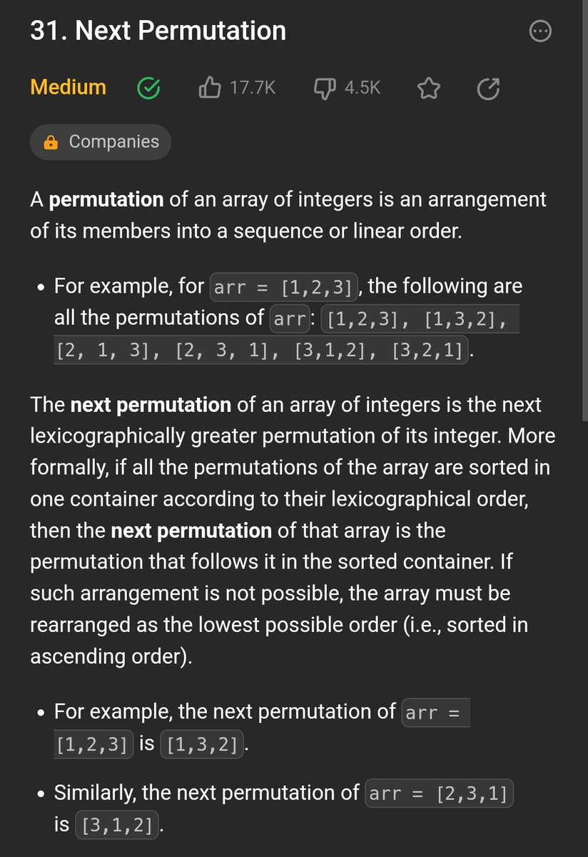 ArpitDa40708266's tweet photo. Day 68
Solved: Next permutations problem on Leetcode 
#100DaysOfCode #SoftwareEngineering #softwaredevelopment #SoftwareEngineer #webdevelopment #leetcode https://t.co/ieDT9STpsA