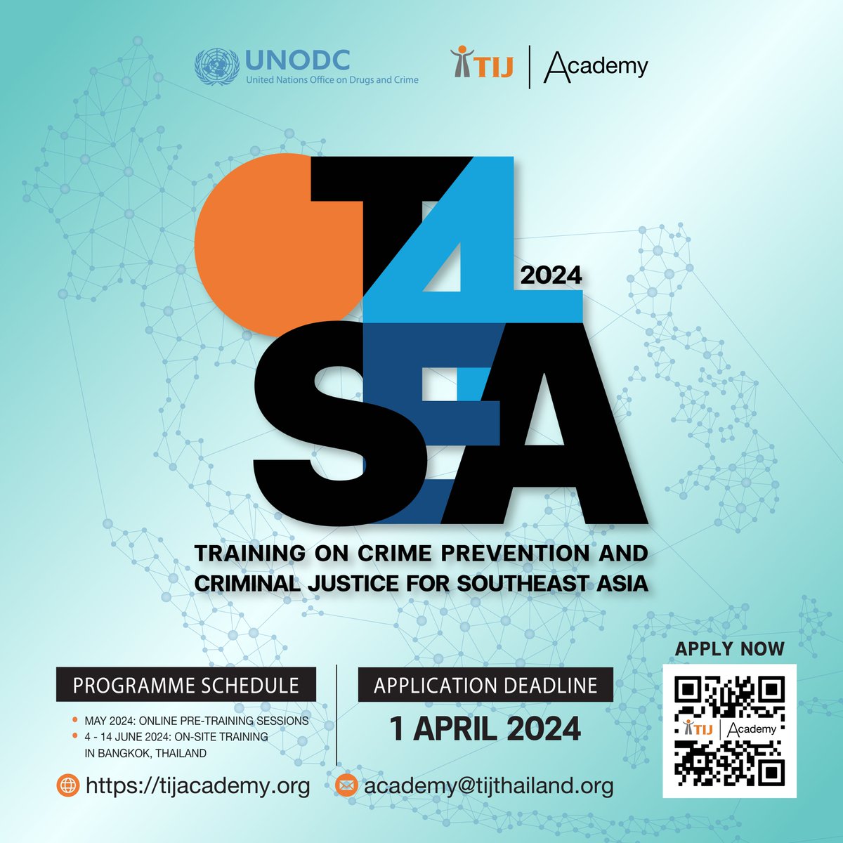 Excited about crime prevention & justice? Join us at the first T4SEA training, 4-14 June in Bangkok! Dive into UN standards, enhance your knowledge in criminal justice, and network with experts. Apply by 30 April at tijacademy.org #T4SEA #CrimePrevention #JusticeReform