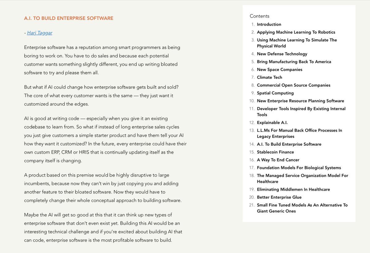 allafarce's tweet photo. I like seeing @ycombinator thinking about using AI for enterprise software.

What they get at (the need for annoying last-10%-mile customization) is an ubiquitous thing that is currently taken advantage of by COTS vendors via change requests.

If CR cost were close to zero tho... https://t.co/nbk3vCpC12
