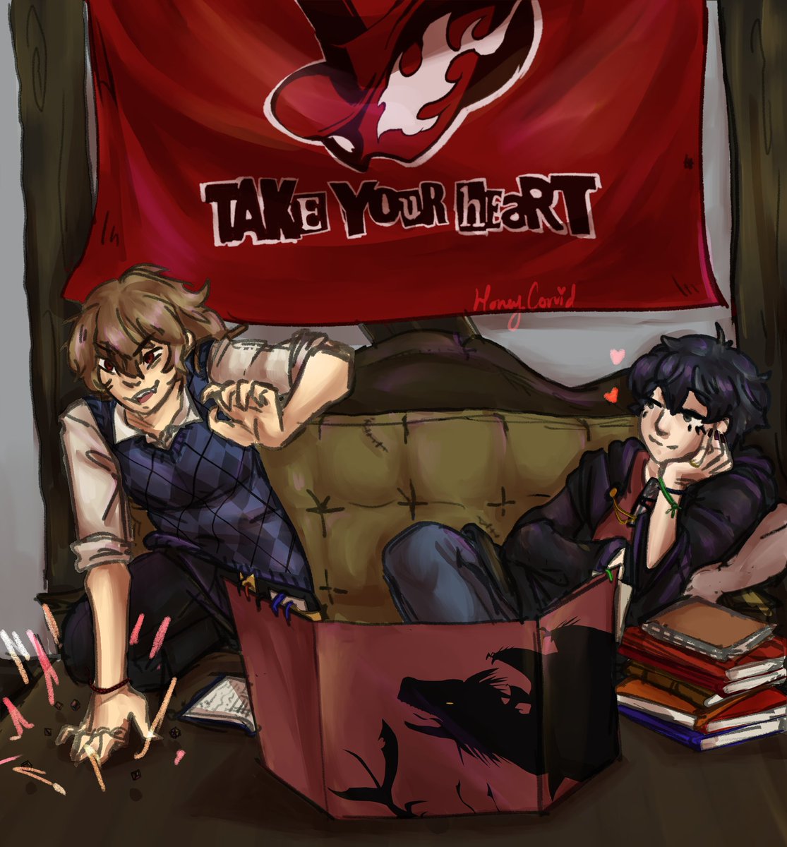 HoneyCorvidart's tweet photo. Roll for initiative!! 

my part of a collab with my most beloved @malevolentmango for the #p5singles event put together by @bunxia_ :> https://t.co/M708gAakxo