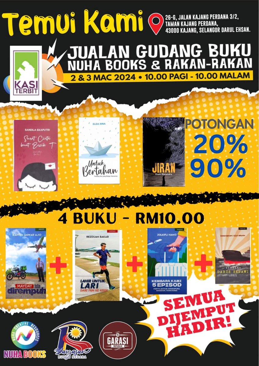 Buku bagus Kasi Terbit cuma rm3 satu. Beli 4 rm10.

Yaa.. itulah rawatan jualan gudang yang akan berlangsung 2-3 Mac ni.

Ada juga buku baru dan buku hartanah bestseller dengan diskaun 20-30%.

Bukan Kasi Terbit je. Ada beberapa penerbit lain pun join jualan gudang ni.

Datang ya