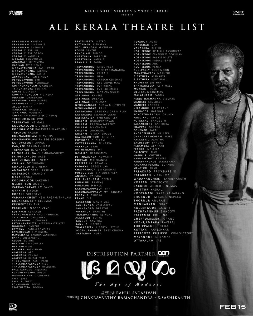 mammukka's tweet photo. #Bramayugam All Kerala Theatre List | In Cinemas from Today

@allnightshifts @AanMegaMedia #BramayugamFromToday https://t.co/2RI0pm4ok0