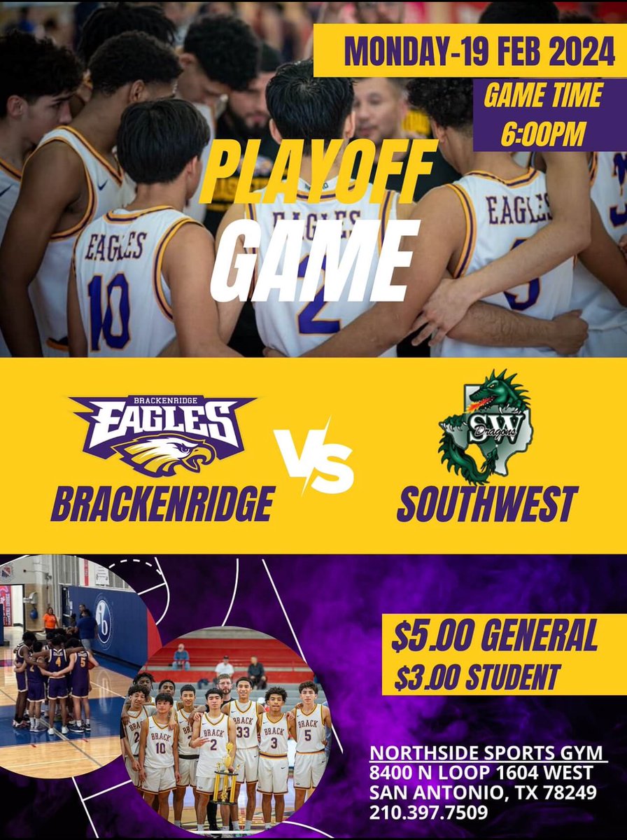 It’s playoff time. 
Eagles Vs Dragons 
Let’s all wear purple and show our support for our Brackenridge Boy’s Basketball Team. Let’s fill up the gym. All Alumni come by and support our team. We are Family!