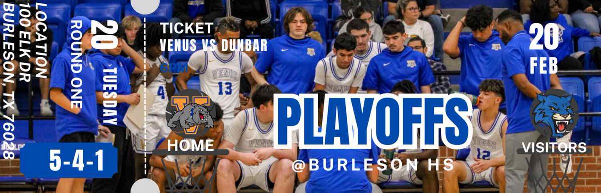 venusbball's tweet photo. PLAYOFFS- ROUND ONE
🗓️2/20
⌚���6PM
📍Burleson HS
🆚 FW Dunbar 
🎟️ https://t.co/B4R0O3VTxY