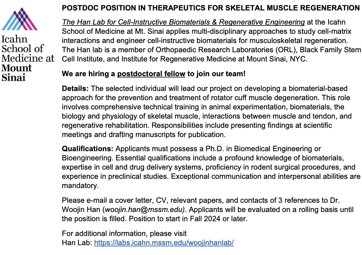 📣Join us! We are on a search for an ambitious postdoc to work on innovative hydrogel applications in rotator cuff muscle regeneration. Embark on this exciting skeletal muscle/musculoskeletal research with us in NYC! RTs appreciated.