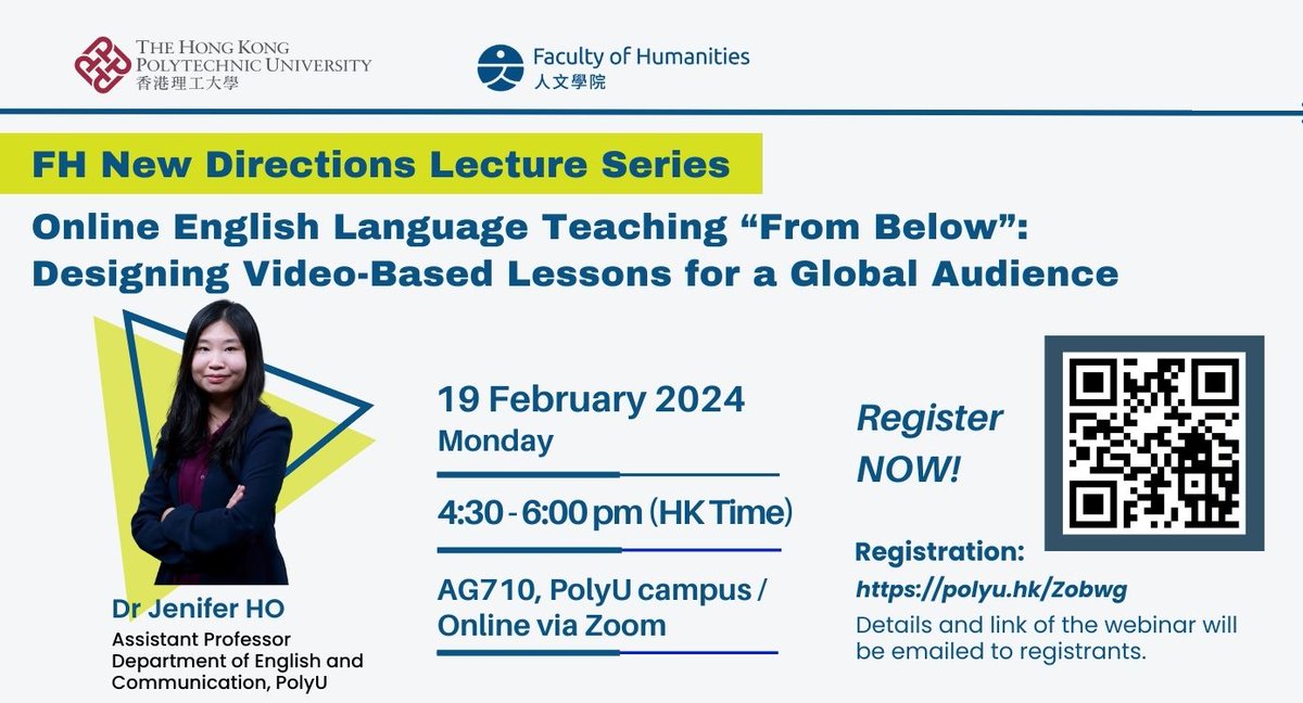 Delve into video-mediated communication from this talk by our Dr @JeniferWYHo! She will discuss & explore the resources for teaching English on social media & the challenges & opportunities faced by #translocal #contentcreators. Registration👉polyu.hk/Zobwg @OpenAppLing