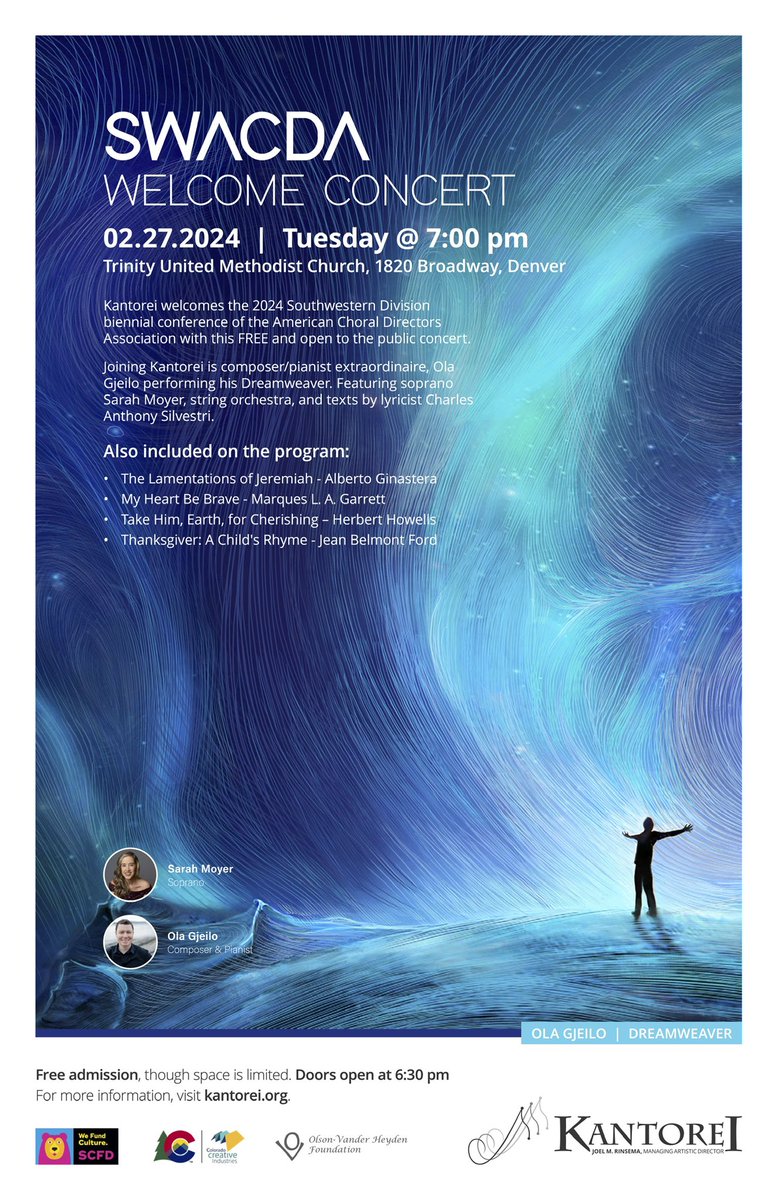olagjeilo's tweet photo. #SWACDA | Performing DREAMWEAVER with Kantorei, Sarah Moyer &amp; conductor Joel Rinsema February 27th in Denver!

7pm @ Trinity United Methodist Church. https://t.co/zsBOSVJX0C