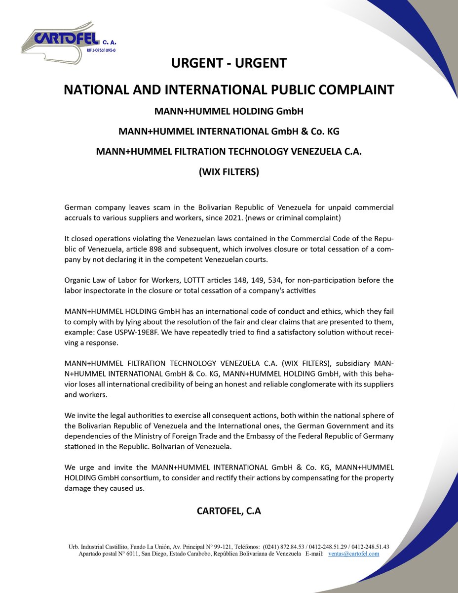 cartofelca's tweet photo. NATIONAL AND INTERNATIONAL PUBLIC COMPLAINT
MANN+HUMMEL HOLDING GmbH
MANN+HUMMEL INTERNATIONAL GmbH &amp; Co. KG
MANN+HUMMEL FILTRATION TECHNOLOGY VENEZUELA C.A.
(WIX FILTERS) 
#MannHummel #Filtration #wixfilters #wixfiltersve #Wixfilters #mannhummel https://t.co/m0ryxHdr0m