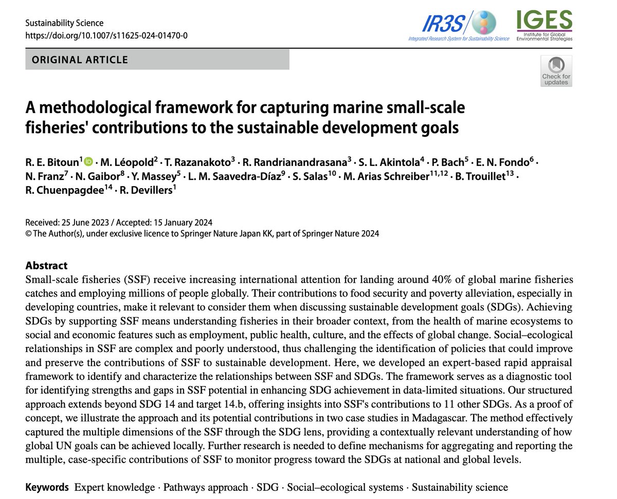 Rodolphe Devillers (@seamap) on Twitter photo NEW PAPER!! New method for assessing contributions of small-scale fisheries to 12 SDGs and their targets is out! rdcu.be/dyFbO conducted as part of <a href="/Belmont_Forum/">Belmont Forum</a> Pathways project Fish2Sustainability with <a href="/ird_fr/">IRD.fr</a> <a href="/FutureEarth/">Future Earth (@futureearth.bsky.social)</a> <a href="/KmfriResearch/">KMFRI</a> & others (1/5) NEW PAPER!! New method for assessing contributions of small-scale fisheries to 12 SDGs and their targets is out! rdcu.be/dyFbO conducted as part of <a href="/Belmont_Forum/">Belmont Forum</a> Pathways project Fish2Sustainability with <a href="/ird_fr/">IRD.fr</a> <a href="/FutureEarth/">Future Earth (@futureearth.bsky.social)</a> <a href="/KmfriResearch/">KMFRI</a> & others (1/5)