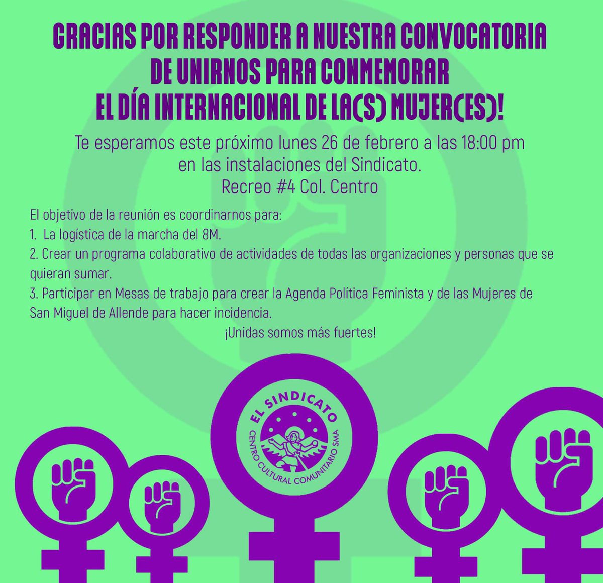 Colaborando con morras potentes de #SanMigueldeAllende estamos preparando el #8M: 1. Organizar la marcha; 2. Armar el programa cultural de la comunidad; 3. Crear la #AgendaPolíticaFeministaSMA 
Queremos escucharte, súmate contestando : docs.google.com/forms/d/1QvKHm…

corramos la voz!!!!