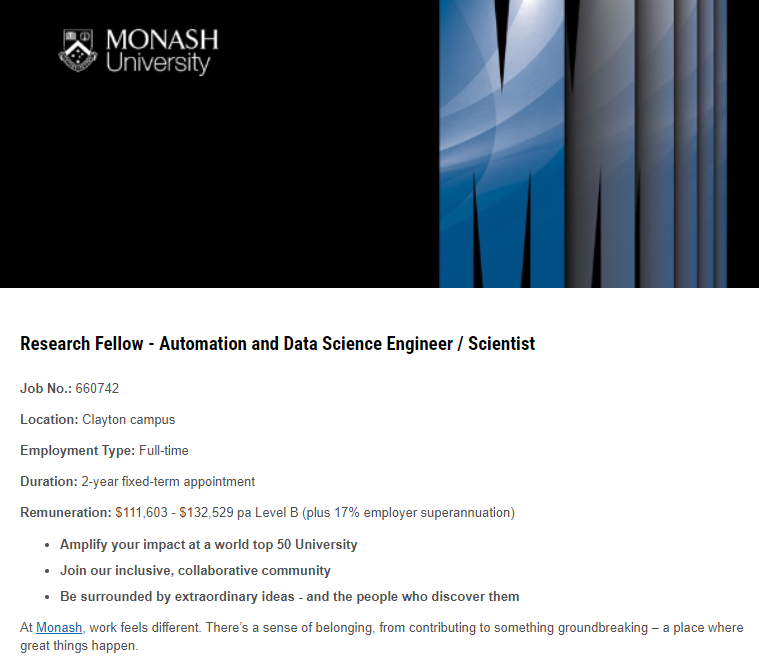 Exciting #jobopportunity for a talented person to take the lead on managing Monash University's new high-throughput #robotic machine learning energy materials discovery platform! 
Check it out &amp; share with your colleagues and friends: bit.ly/3OFoI8c

#NCRISImpact