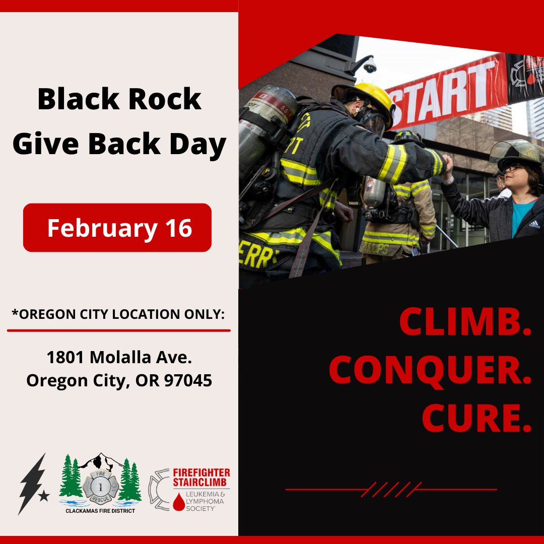 clackamasfire's tweet photo. Join our #Firefighter Stairclimb Team on Friday, Feb. 16, for the Black Rock Coffee #GiveBackDay to help raise money for @LLSusa. Fuel up with our crews ONLY at the Oregon City location (1801 Molalla Ave.) and Black Rock will donate $2 for every regular-priced drink! https://t.co/JBg6izO4Eu