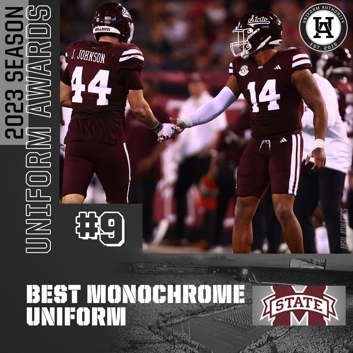 #UniAuthority Best Monochrome Uniform of the 2023 College Football Season: 9. @HailStateFB #UAAwards | @HailStateEQ